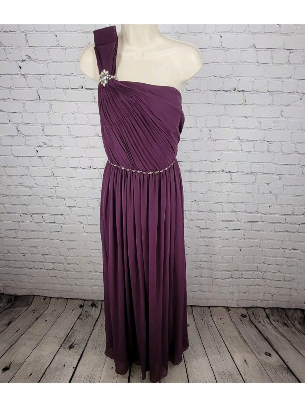 Aspeed Purple Chiffon One Shoulder Brooch Embellished Dress Gown USA Size XL